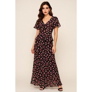 Vintage Spenser Jeremy Black Floral 100% Silk Maxi Dress Boho Whimsical Y2K 90s